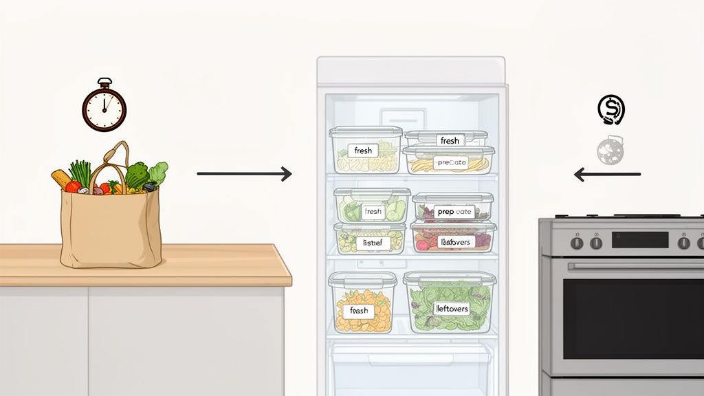 A cartoon shows groceries being placed into labeled food storage containers inside a refrigerator.