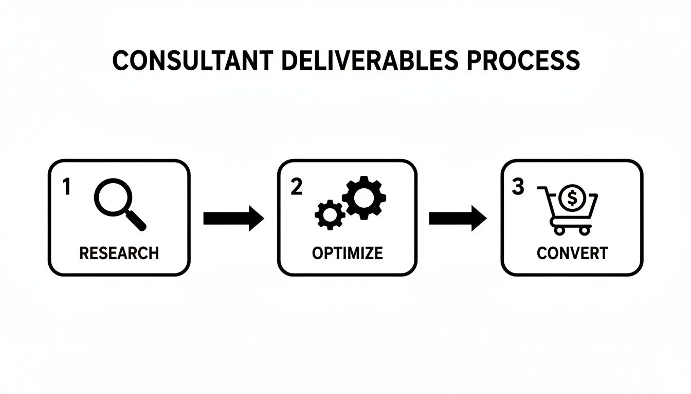 A diagram illustrating the consultant deliverables process with three steps: research, optimize, and convert.