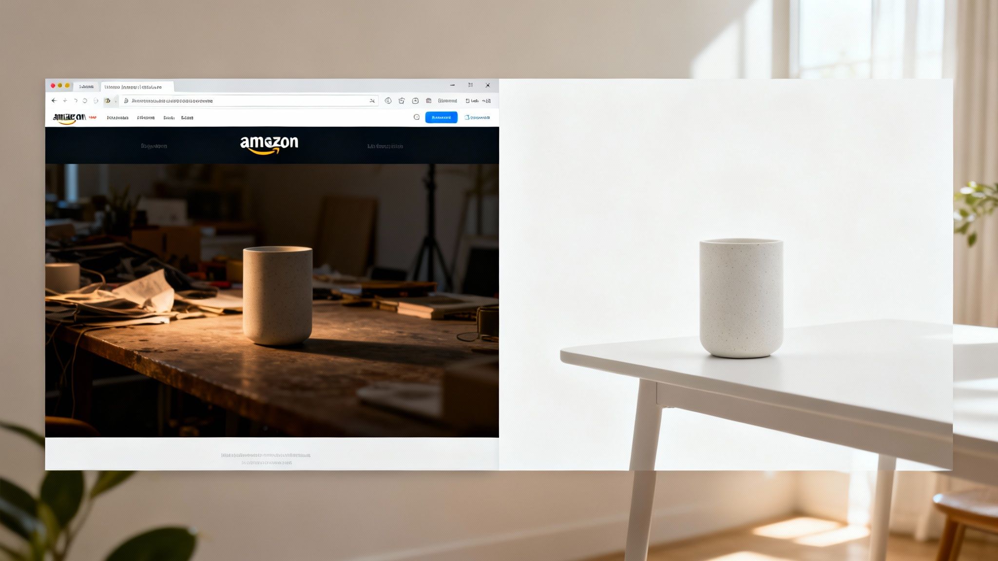 A split image showing an Amazon webpage with a mug on a cluttered table and a clean product photo of the same mug.