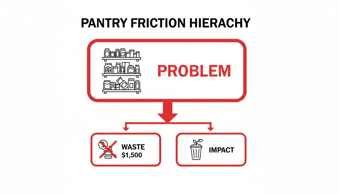 Pantry Friction Hierarchy diagram showing pantry problems leading to food waste ($1,500) and environmental impact.