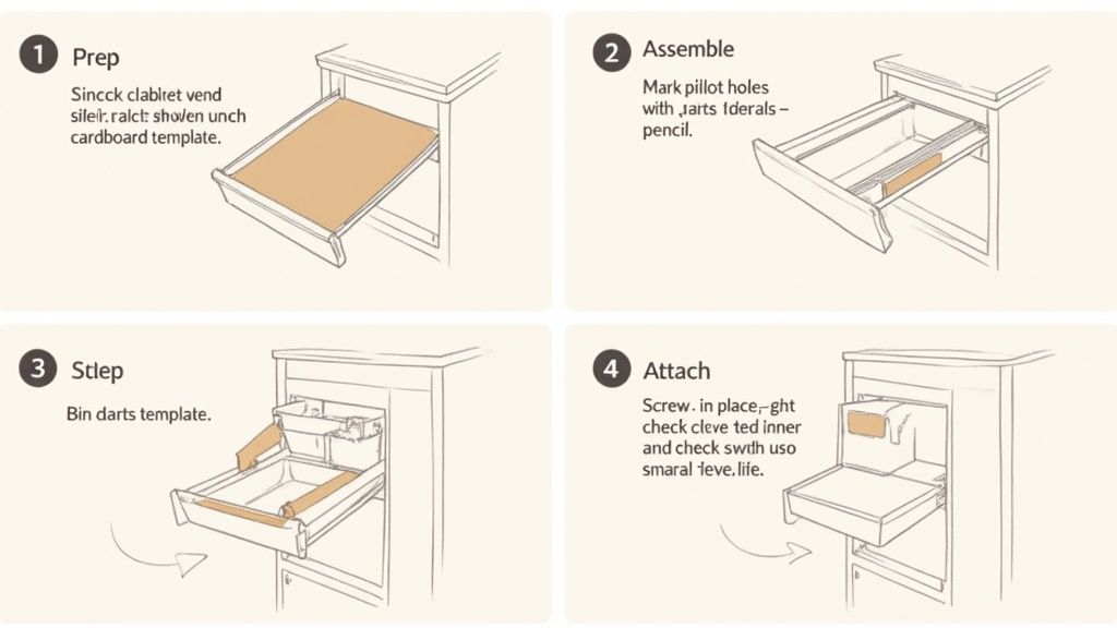 Four-step diagram illustrating the installation of a pull-out trash bin system into a cabinet drawer.