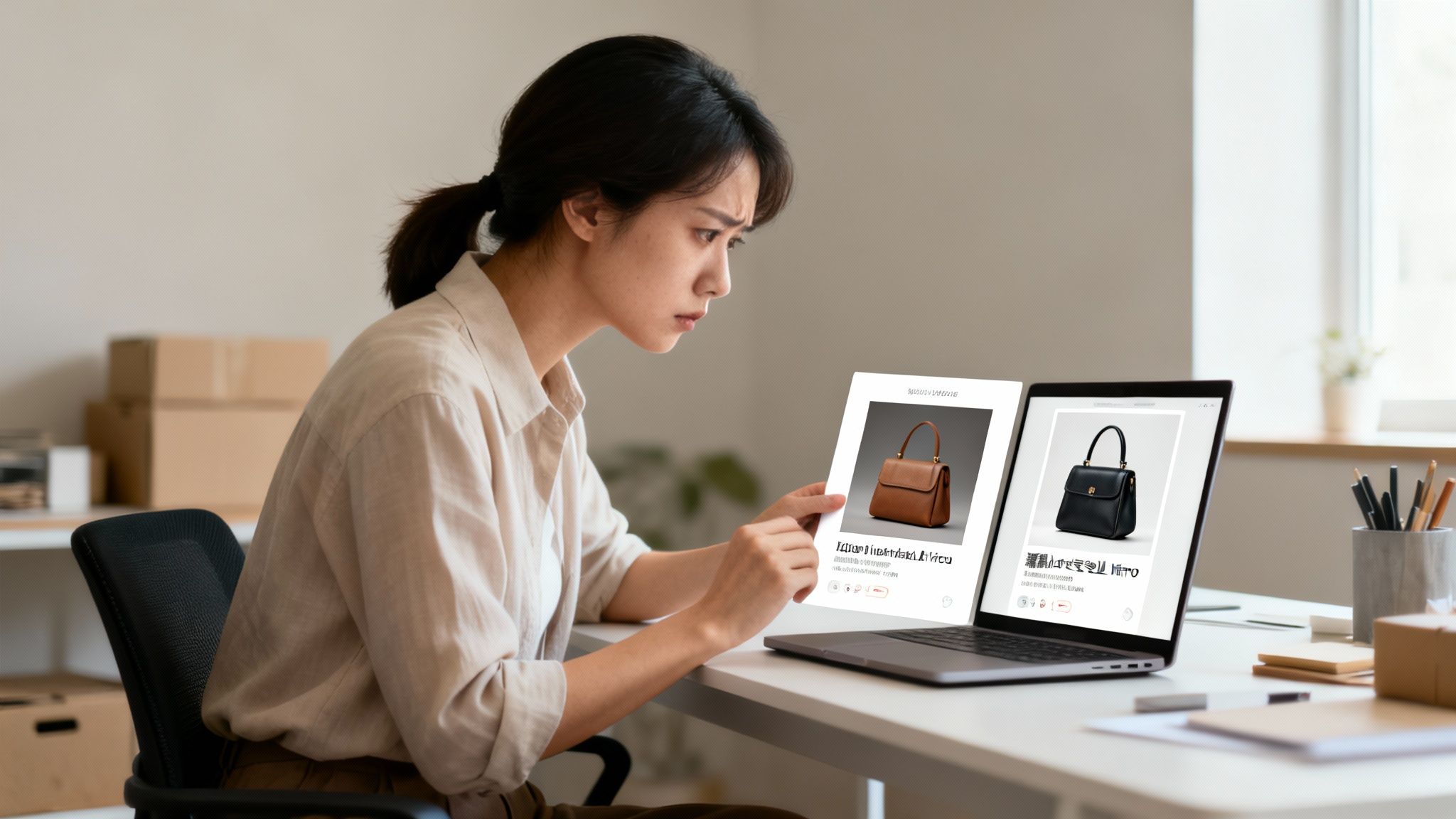 A woman intently compares brown and black handbags displayed on a document and laptop.