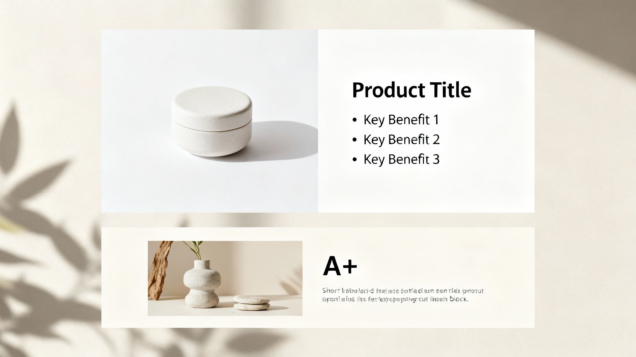 Minimalist product display featuring a ceramic jar with lid, key benefits, and a decorative vase.