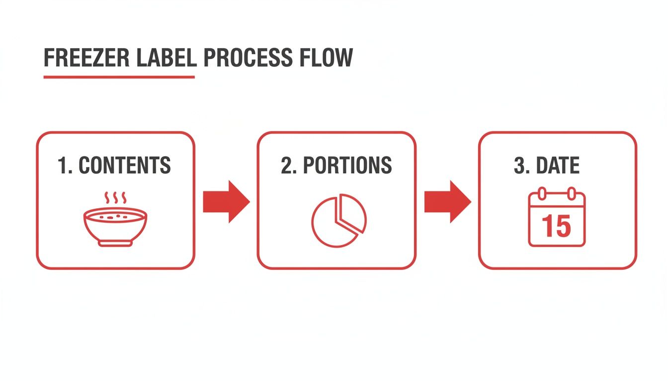 Freezer label process flow diagram showing three steps: 1. Contents with a bowl icon, 2. Portions with a pie chart, 3. Date with a calendar icon.