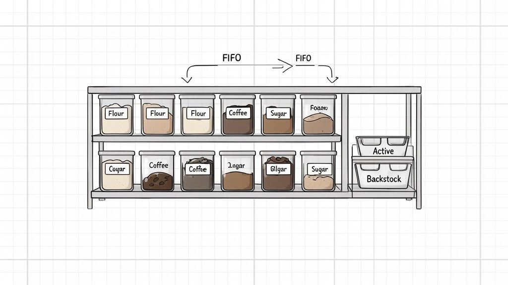 A well-organized pantry shelf with clear FIFO containers for flour, coffee, and sugar, plus active and backstock bins.