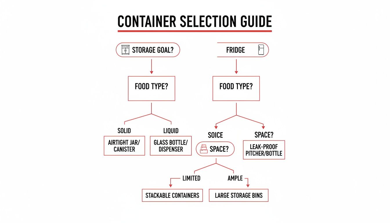 A flowchart guiding container selection for pantry storage or fridge, based on food type and available space.
