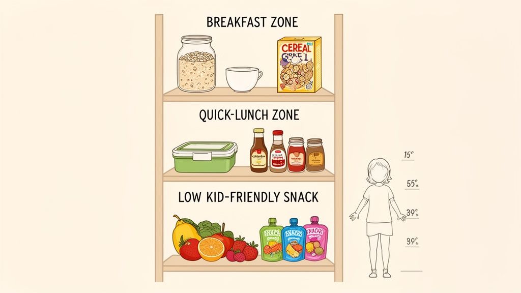 Illustrated pantry showing breakfast, quick-lunch, and kid-friendly snack zones with various food items.