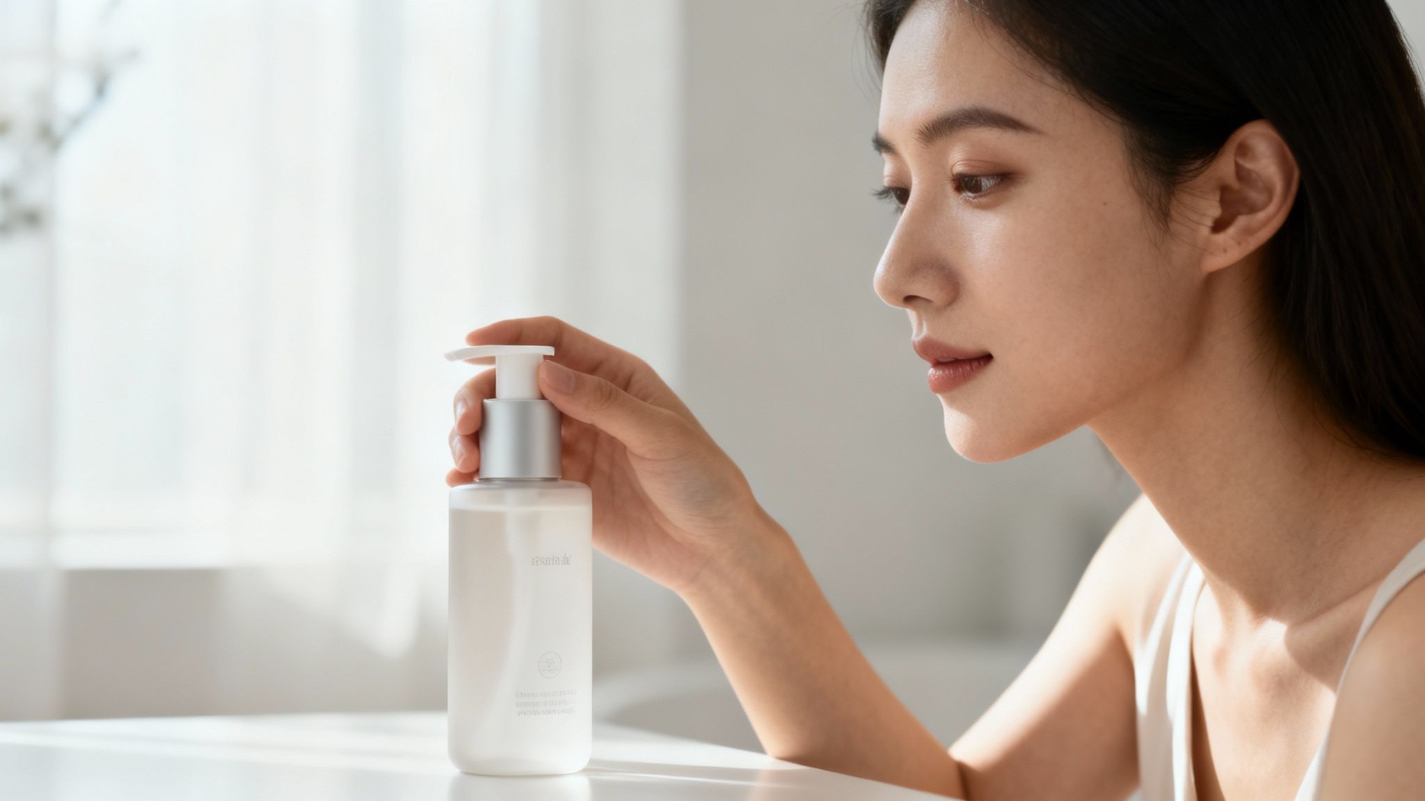Young Asian woman holding and examining a white skincare product bottle with a pump dispenser.