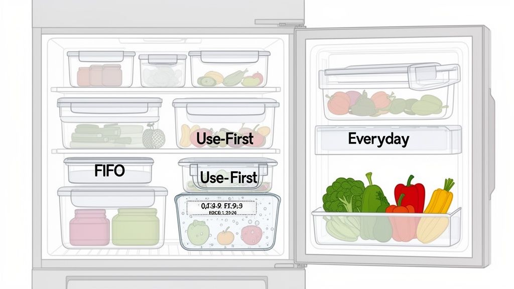 An open refrigerator showing clear food storage containers with labels like 'Use-First', 'FIFO', and 'Everyday' for organized food management.