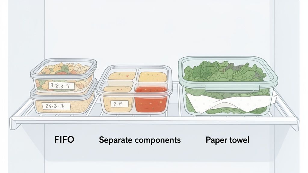 Meal prep containers in a refrigerator demonstrating FIFO, separate components, and paper towel methods.