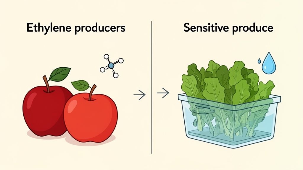 Illustration showing apples, ethylene producers, placed near sensitive leafy greens in a container, causing spoilage.