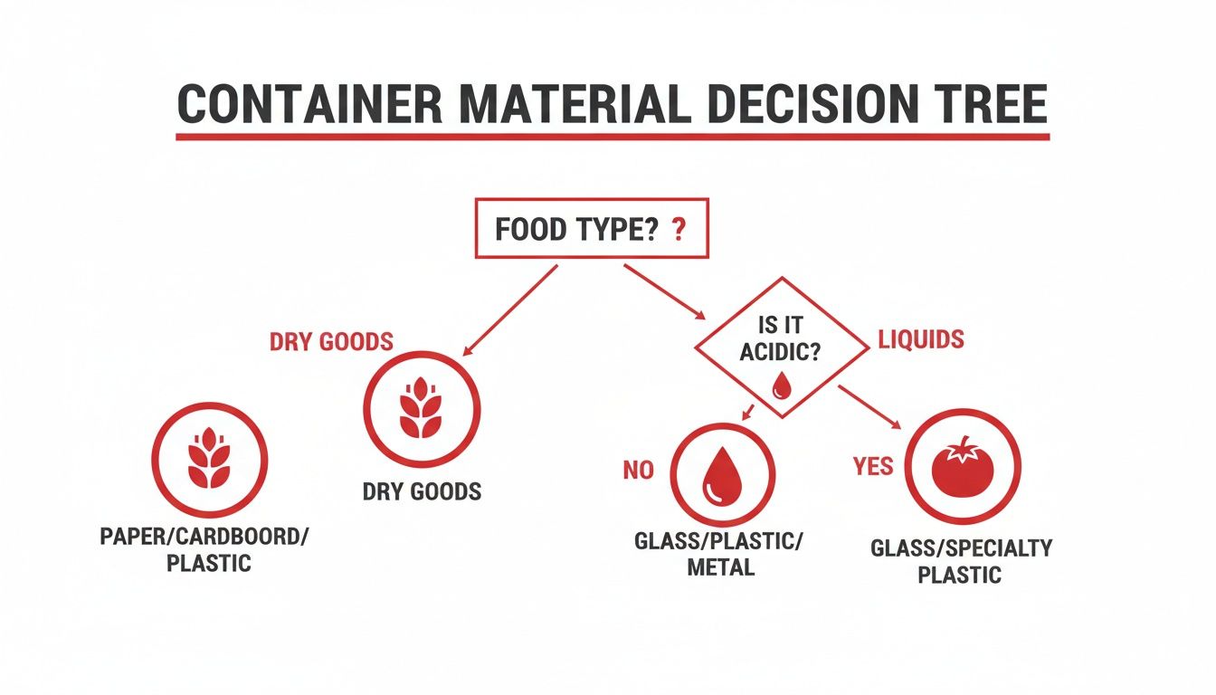 A decision tree illustrating container material choices for food storage based on food type.