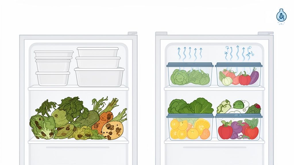 A comparison of two refrigerators: one with rotten vegetables, the other with fresh produce in special containers.