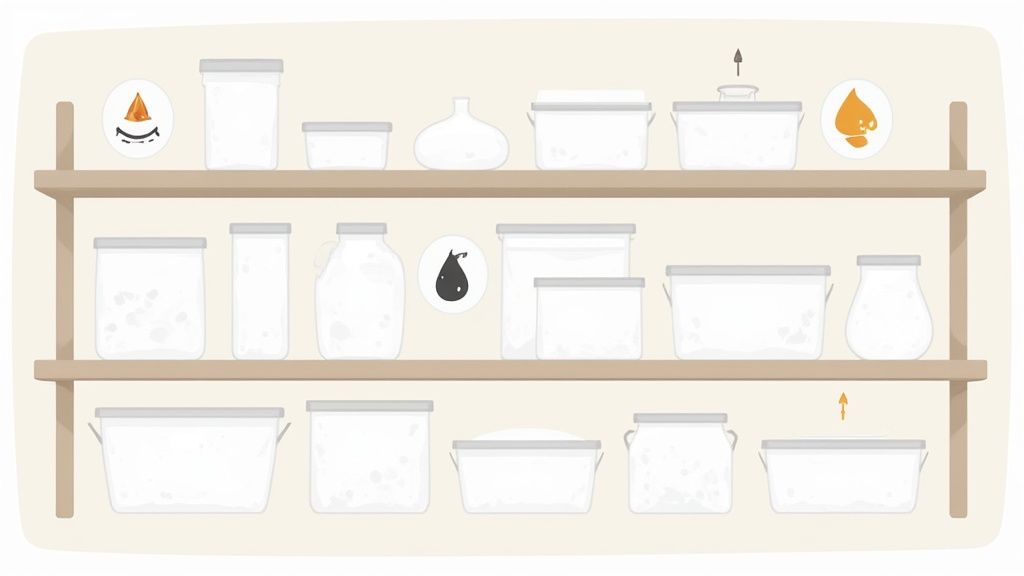 A neatly organized pantry with various clear and white food storage containers on three wooden shelves.