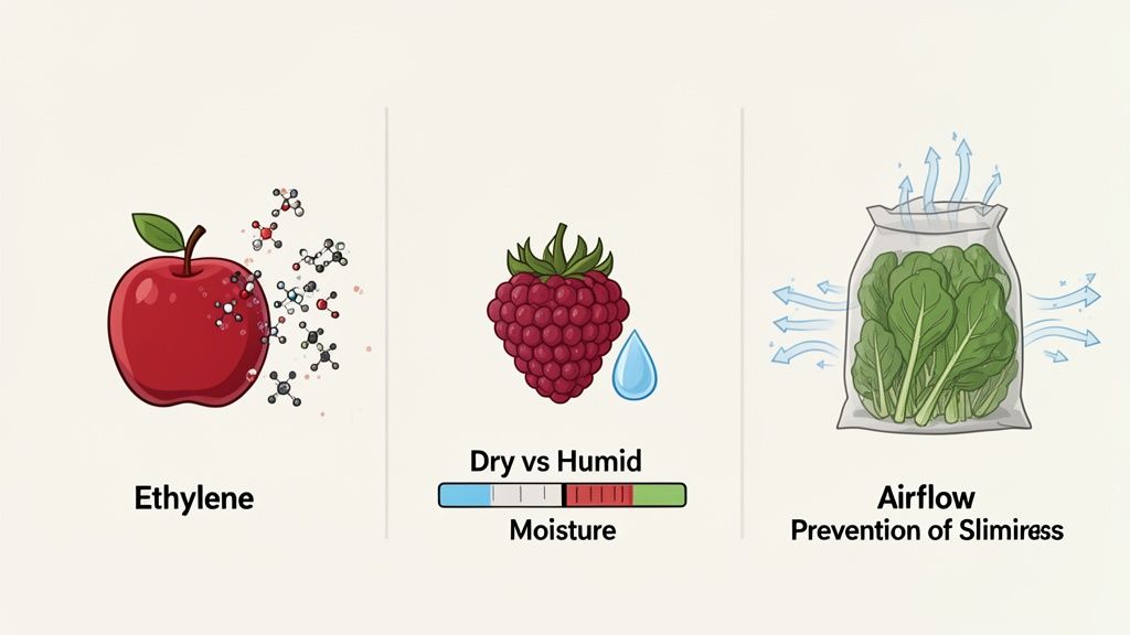 Three panels illustrating how to keep produce fresh by managing ethylene, moisture, and airflow.