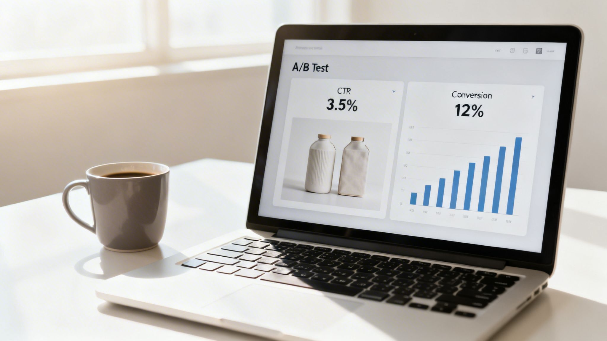 Laptop screen showing an A/B test dashboard with product bottles, CTR 3.5%, and Conversion 12% chart, next to a coffee mug.