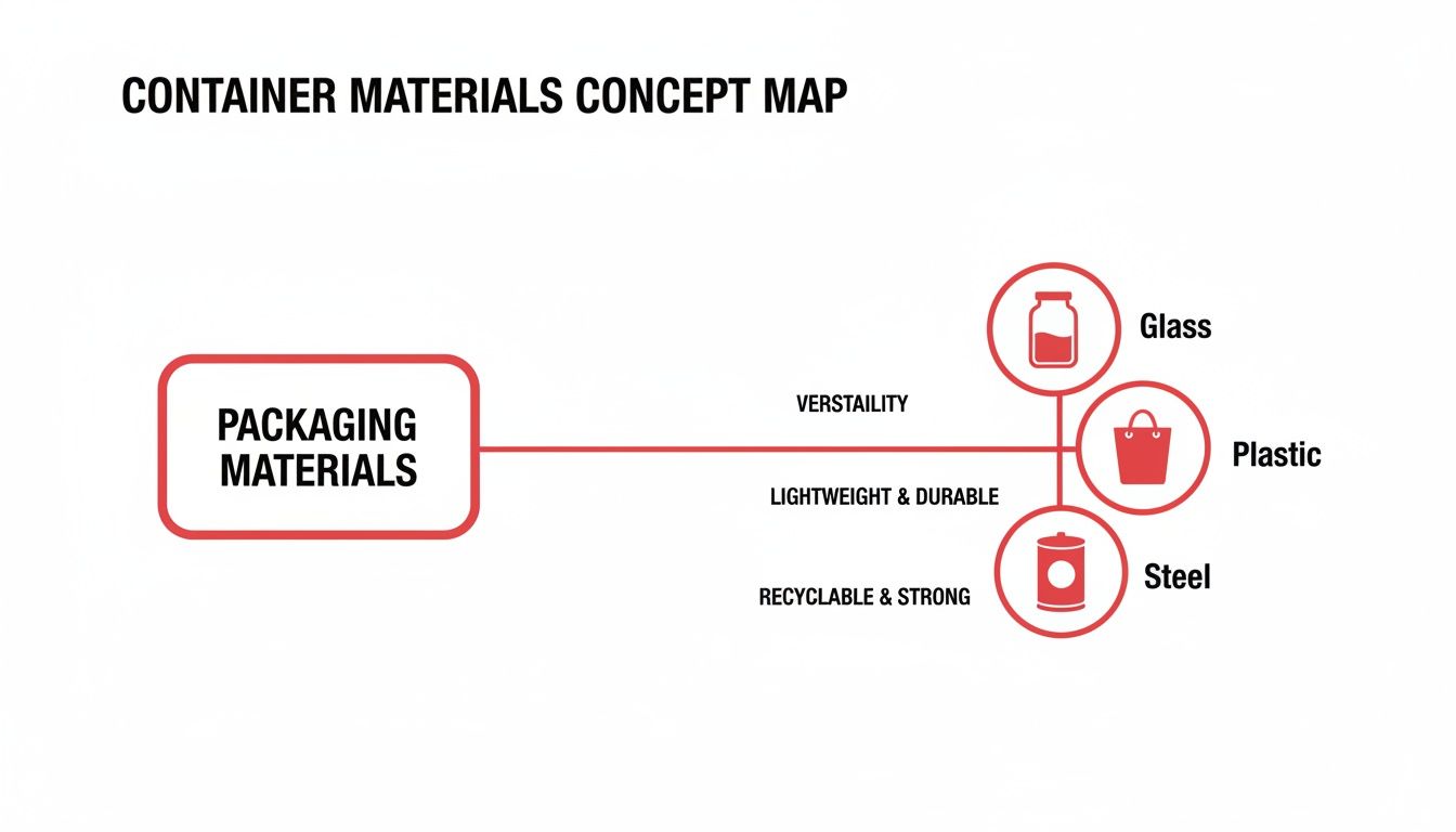 A concept map details packaging materials: Glass, Plastic, and Steel, with their key characteristics.
