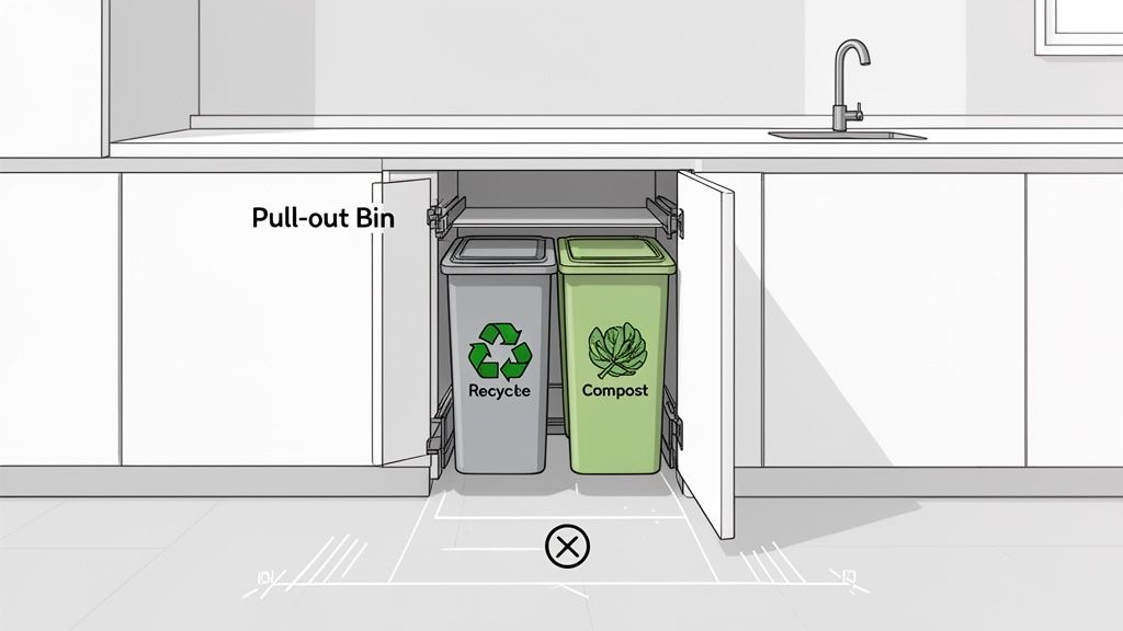 A kitchen cabinet opens to reveal a pull-out bin system with separate recycle and compost bins.