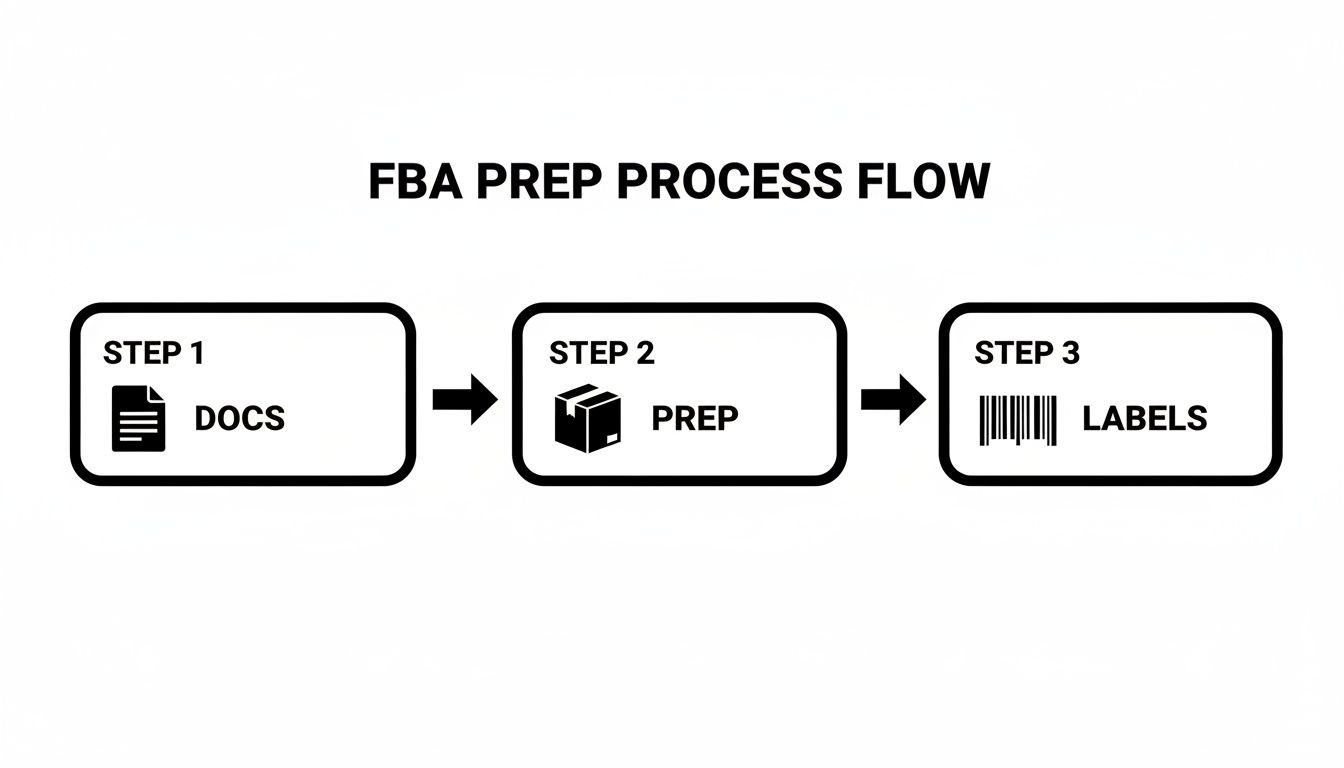 A clear flowchart illustrating the FBA prep process with three steps: Docs, Prep, and Labels.