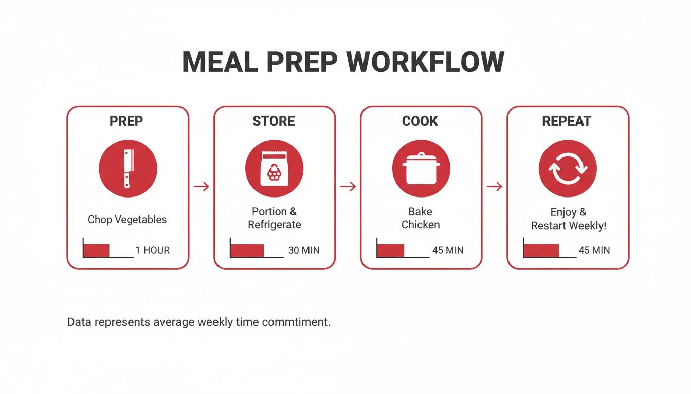 Infographic detailing a weekly meal preparation workflow with time estimates for chopping, storing, cooking, and repeating.
