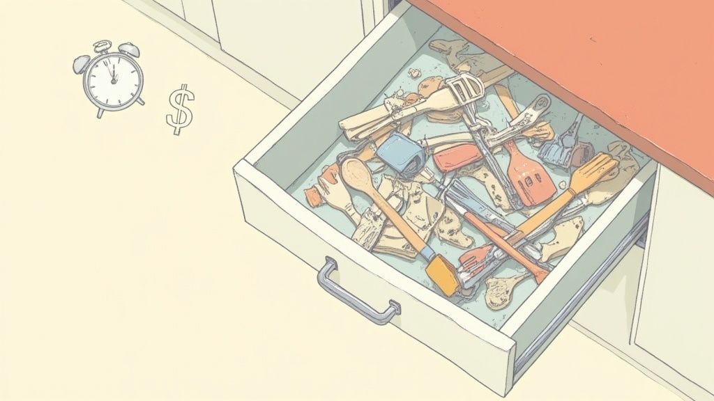 An open kitchen drawer filled with various cooking utensils, next to an alarm clock and dollar sign.
