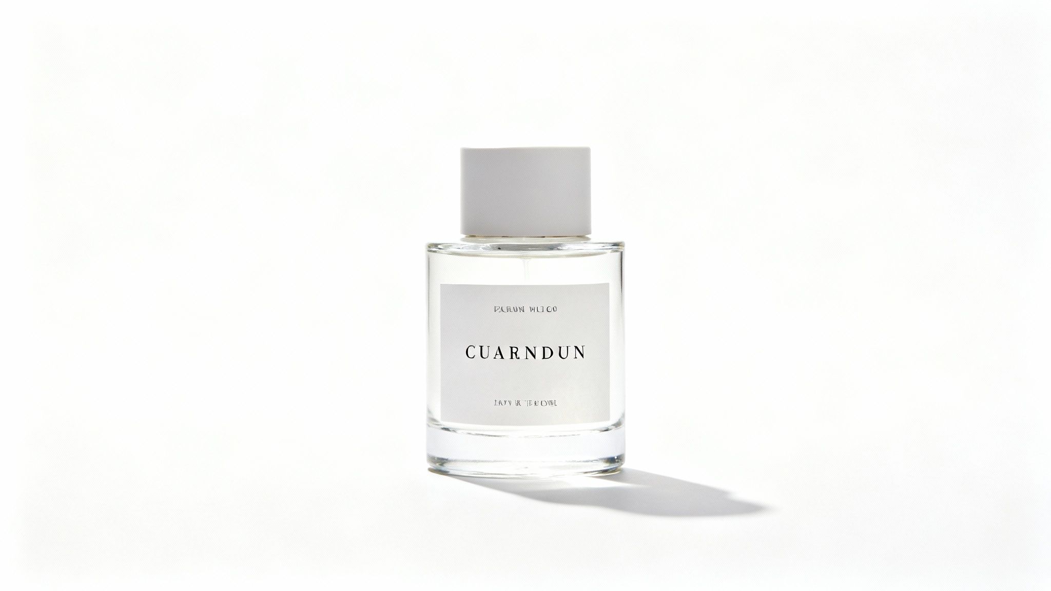 Elegant clear glass perfume bottle with a white label and cap, minimalist design on a white background.