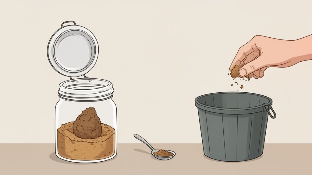 A brown sugar saver keeps brown sugar fresh in a jar, while a hand adds sugar to a bucket.