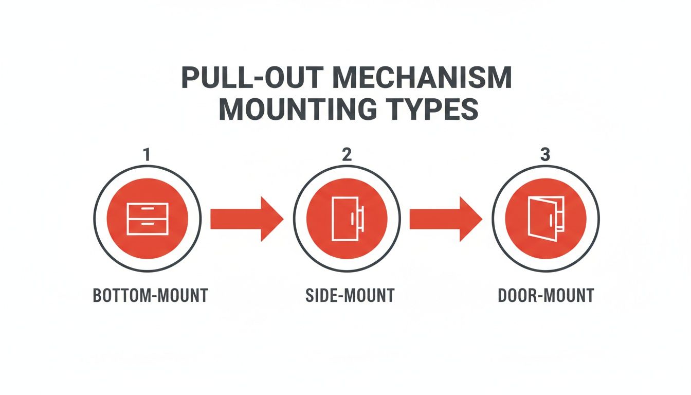 Diagram illustrating three pull-out mechanism mounting types: bottom-mount, side-mount, and door-mount.