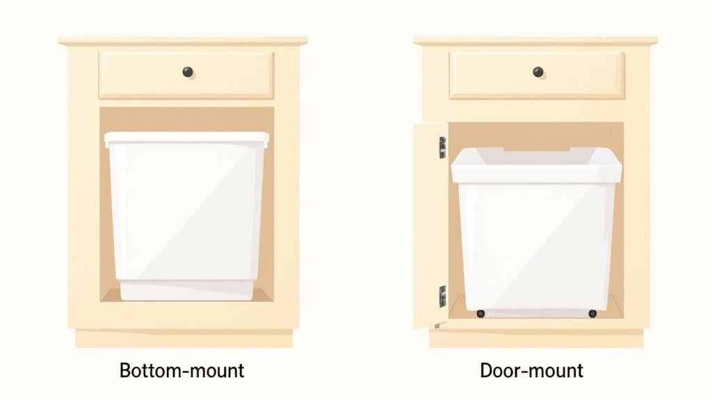 Illustration showing two kitchen cabinets with pull-out trash bins: bottom-mount and door-mount designs.
