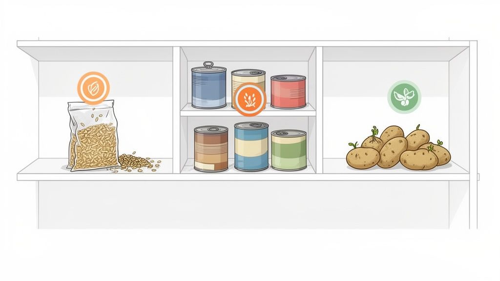 A clean, white pantry shelf displays a bag of grain, multiple canned goods, and a pile of potatoes.