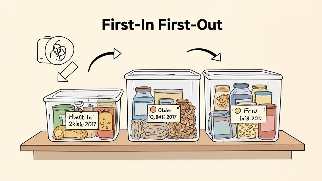 Illustration showing the First-In First-Out (FIFO) method for organizing pantry items in clear storage boxes.