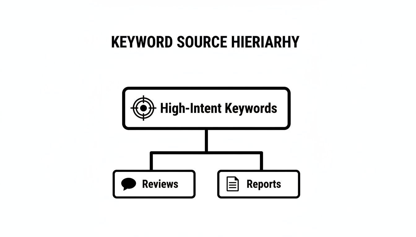 A keyword source hierarchy diagram showing high-intent keywords derived from both reviews and reports.