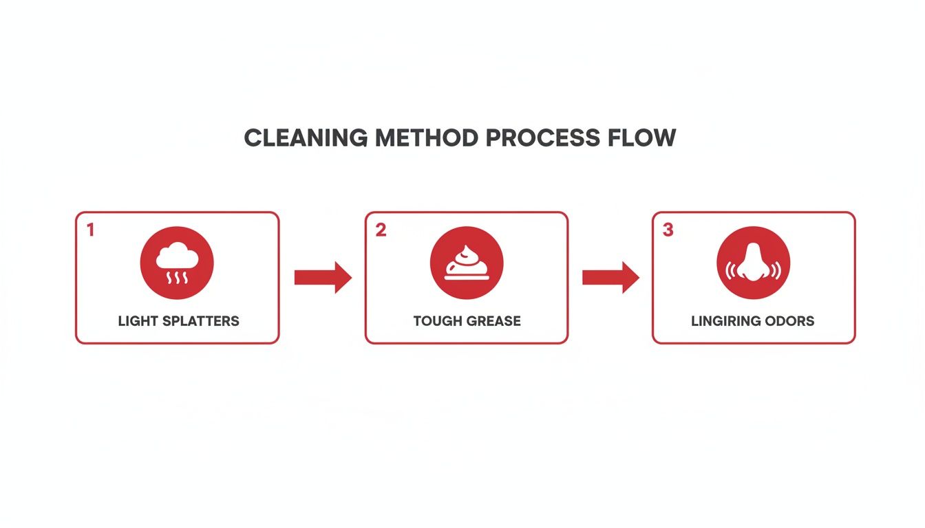 Flowchart showing a three-step cleaning process for light splatters, tough grease, and lingering odors.