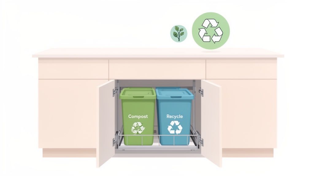 A kitchen cabinet with pull-out green compost and blue recycle bins, promoting waste sorting.