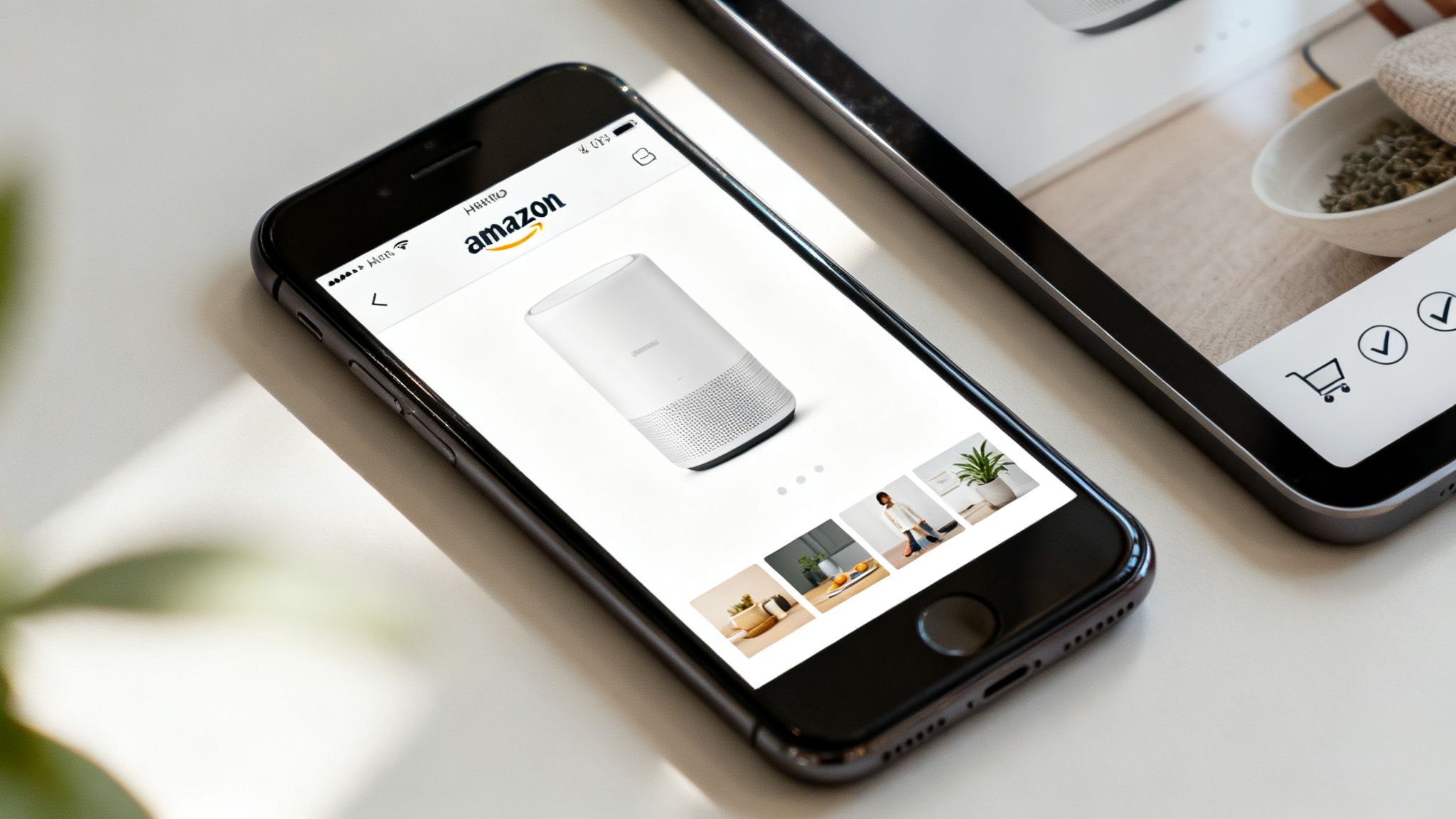 A smartphone displaying an Amazon product page for a white smart speaker, next to a tablet showing e-commerce icons.