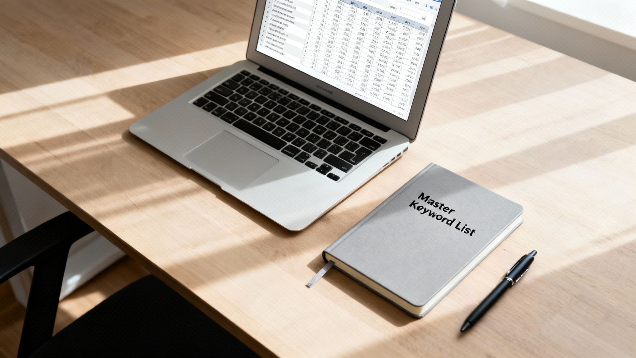 A laptop displaying a spreadsheet, a notebook titled 'Master Keyword List', and a pen on a wooden desk.