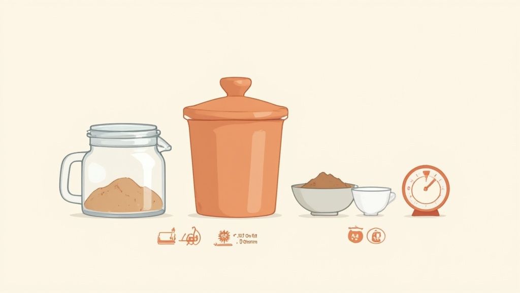 Cartoon illustration of kitchen items: a jar of brown sugar, a storage container, bowls, and a timer.
