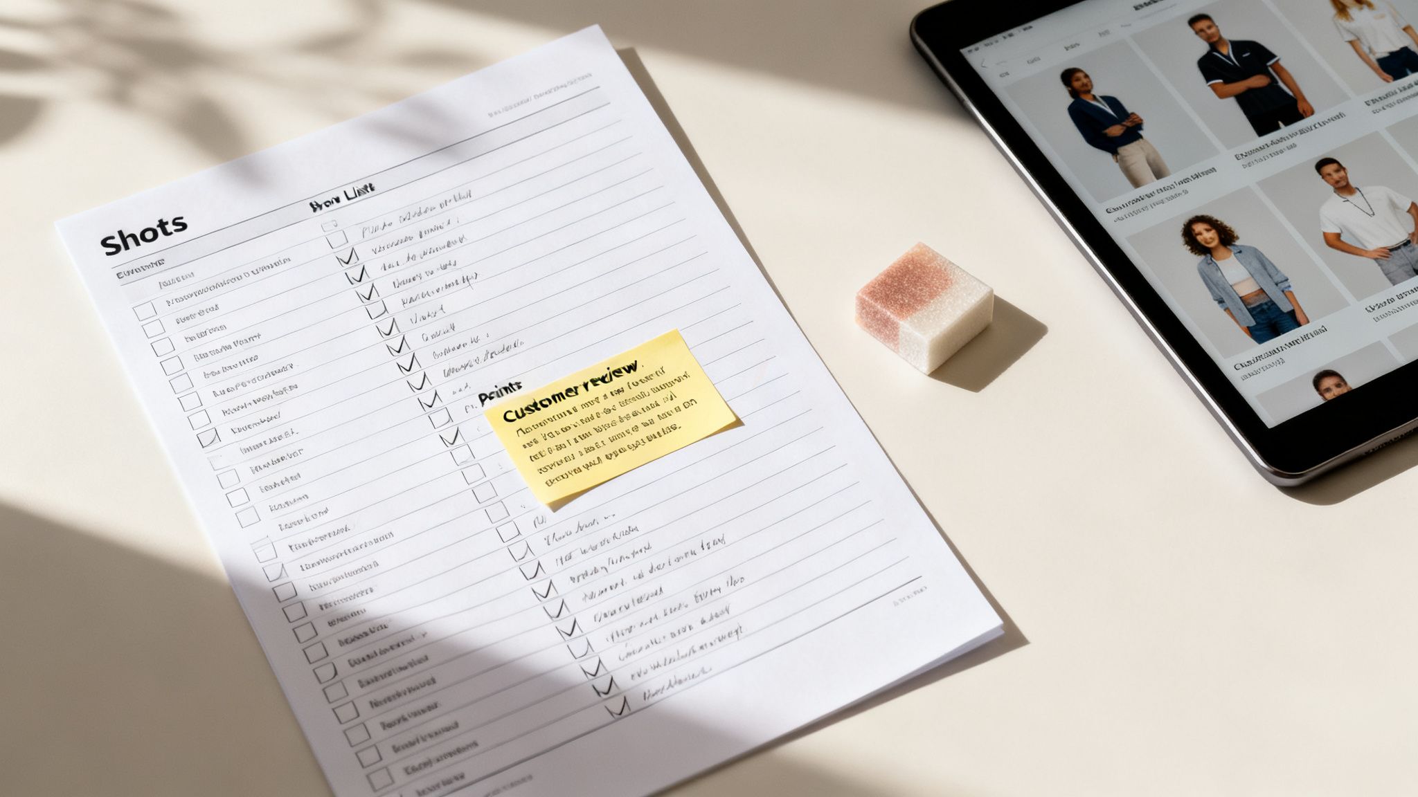 A flat lay shows a checklist, a 'Customer review' sticky note, and a tablet with e-commerce product photos.