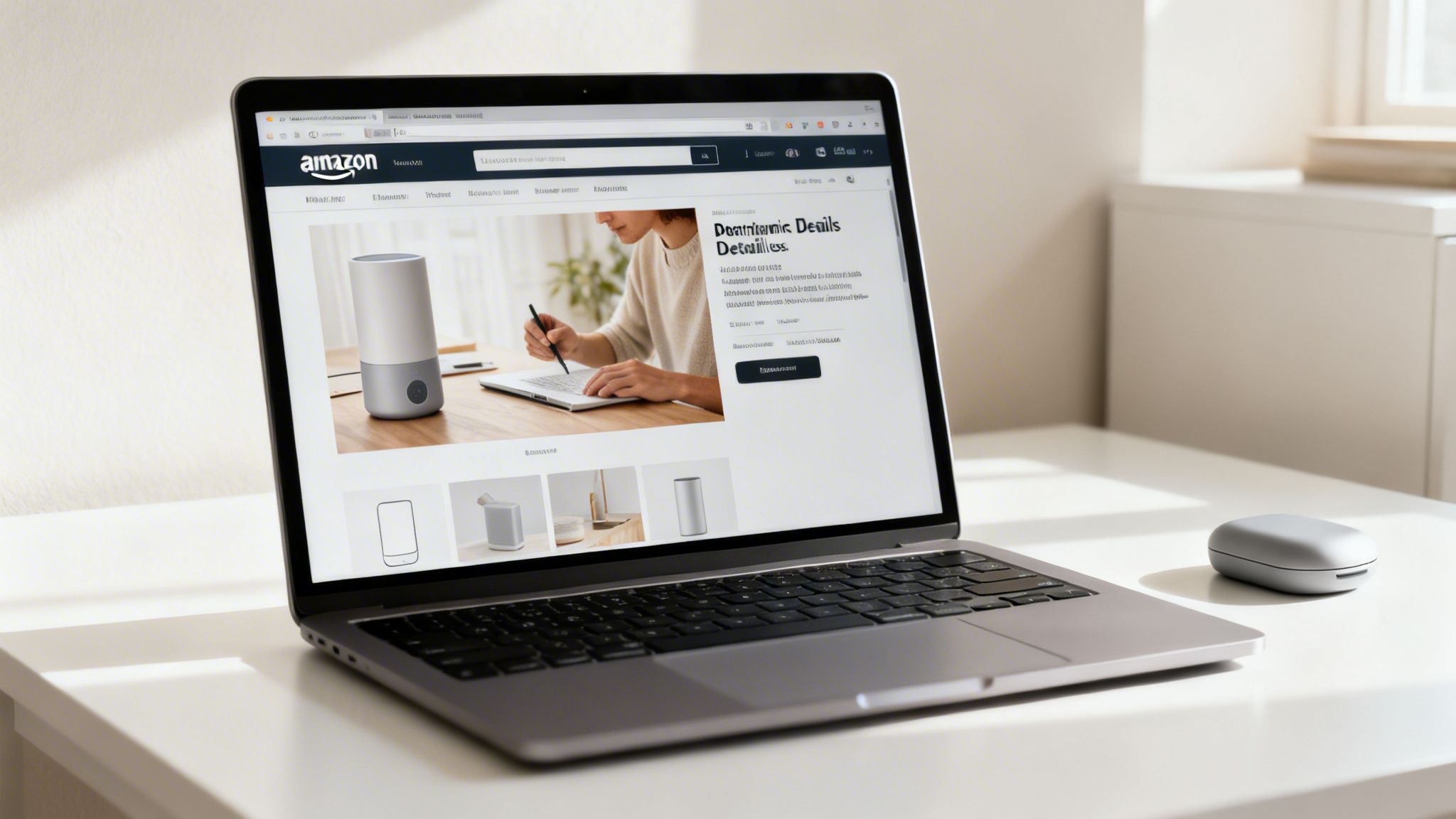 A laptop on a clean white desk displays an Amazon product page featuring a smart speaker and a person.