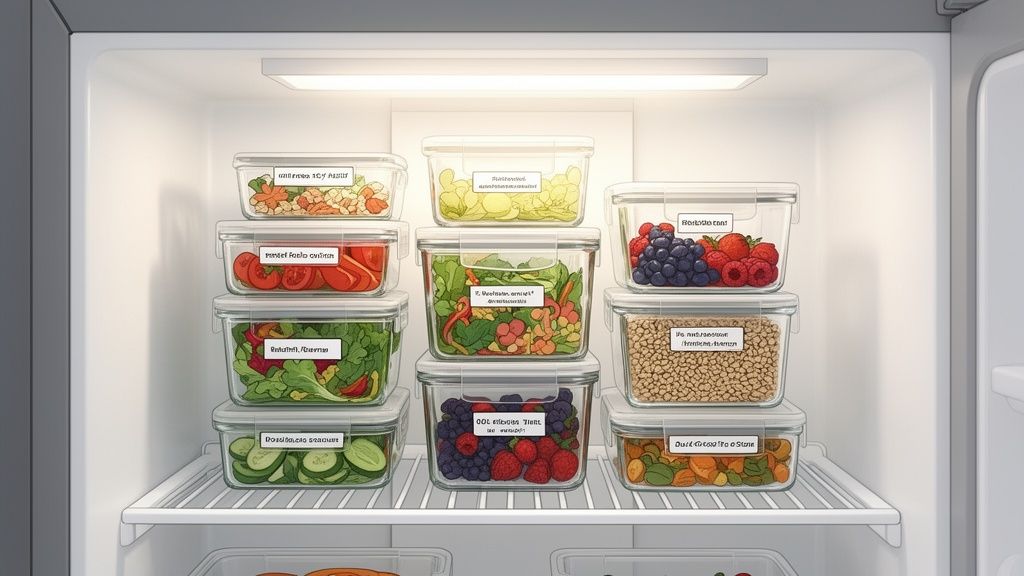 A refrigerator shelf with clear, labeled containers holding fresh fruits, vegetables, and prepped meals.