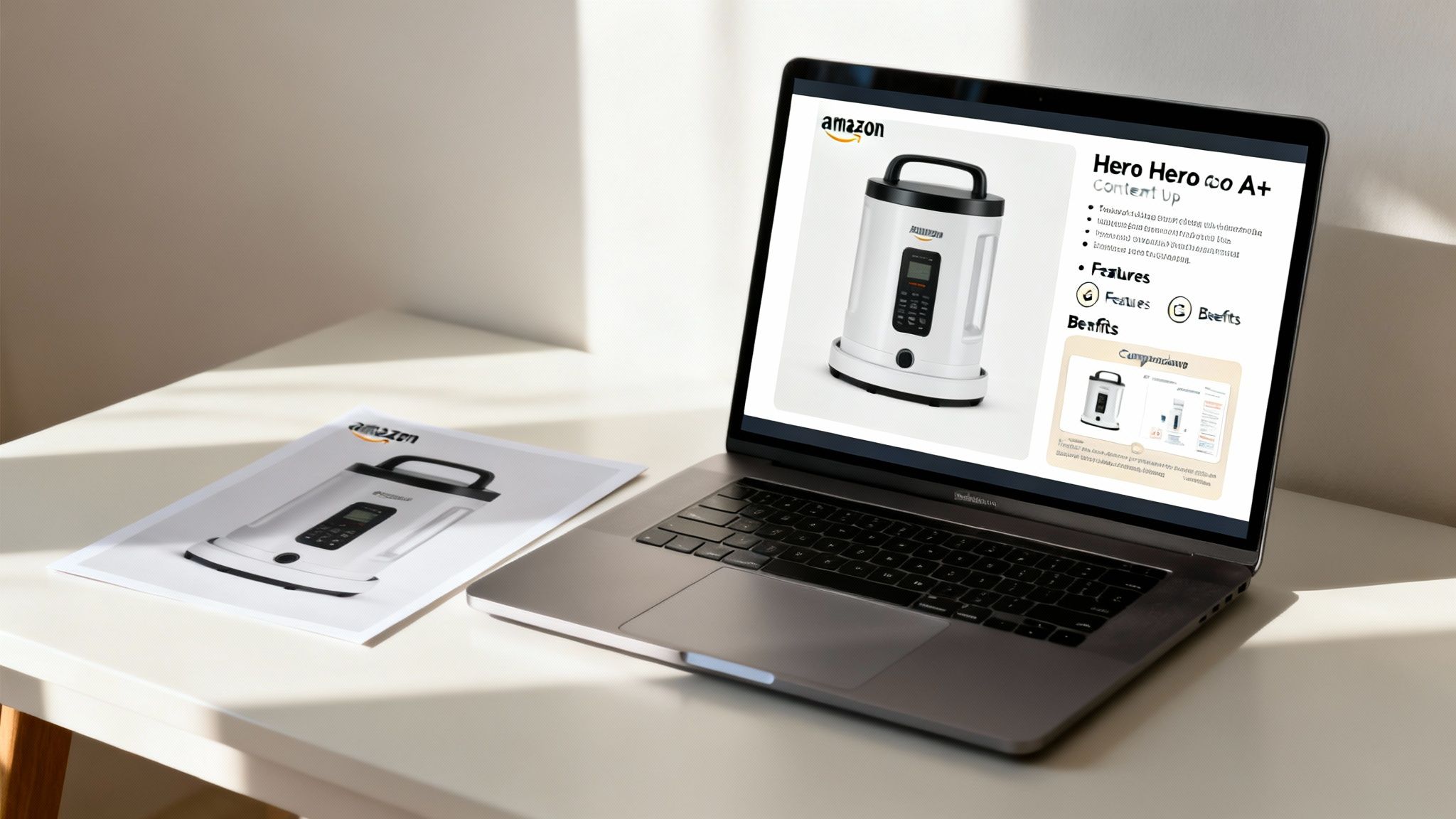 A laptop displays an Amazon product listing for a white kitchen appliance, with a printed version nearby.
