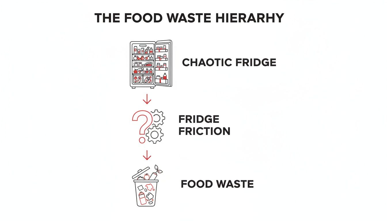 A diagram illustrating the food waste hierarchy: a chaotic fridge leads to fridge friction, resulting in food waste.