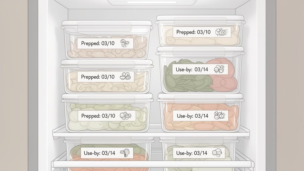 A refrigerator filled with clear, labeled containers of prepped food like vegetables and fruits, showing dates for food safety.
