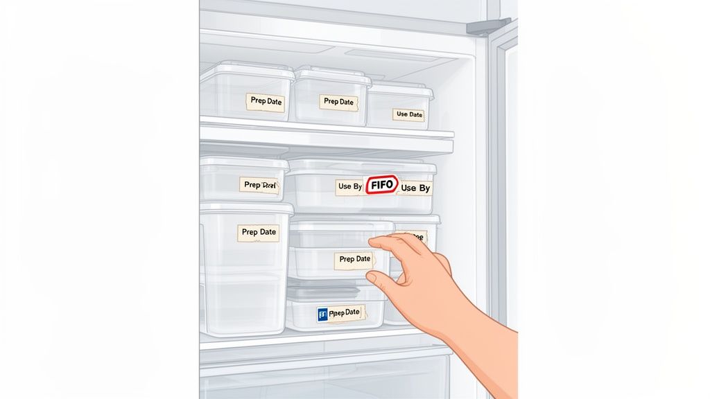 Inside a fridge, clear containers are labeled with 'Prep Date' and 'Use By FIFO' for food organization.