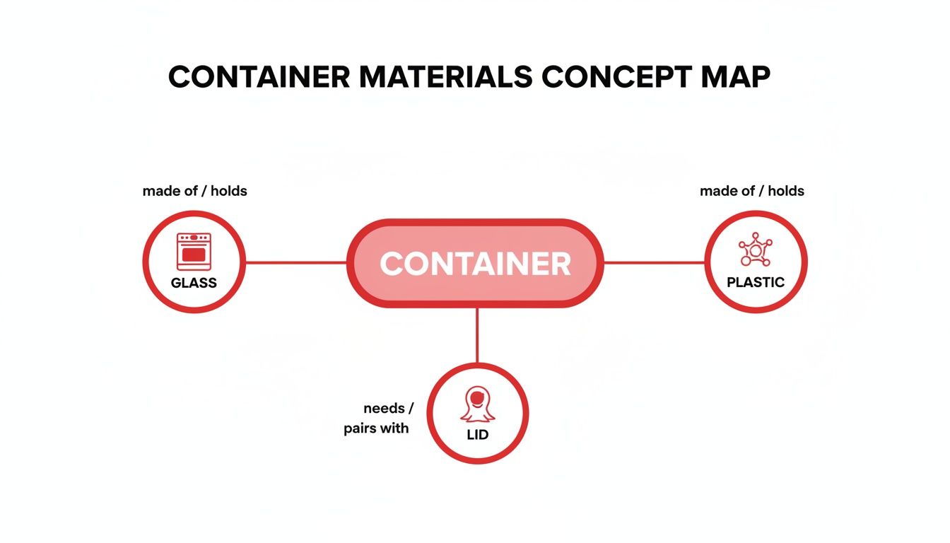 A concept map illustrating containers are made of glass or plastic and pair with a lid.