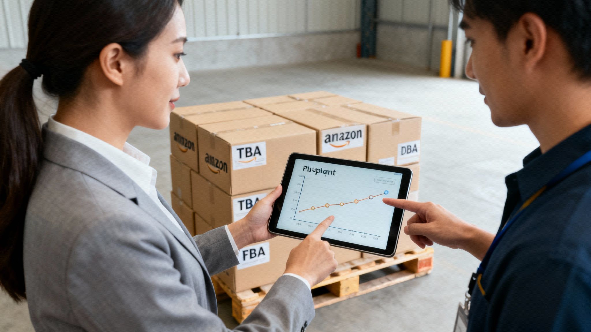 Two logistics workers reviewing data on a tablet in a warehouse with Amazon FBA boxes.