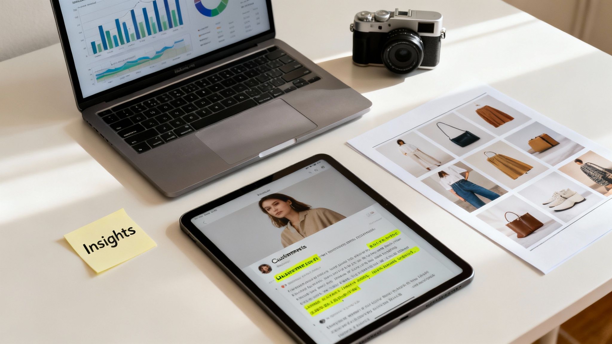 A vibrant flat lay of a professional workspace with a laptop, tablet, camera, and fashion product images.