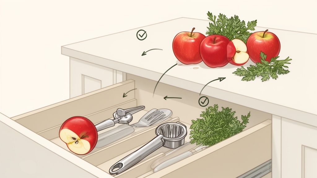 A neatly organized kitchen drawer containing apple corers and fresh herbs, with more on counter.