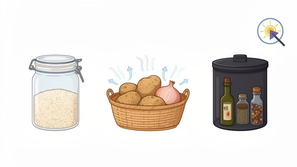 Visual guide for storing pantry items: sealed rice, ventilated potatoes, and dark-stored oils/spices.