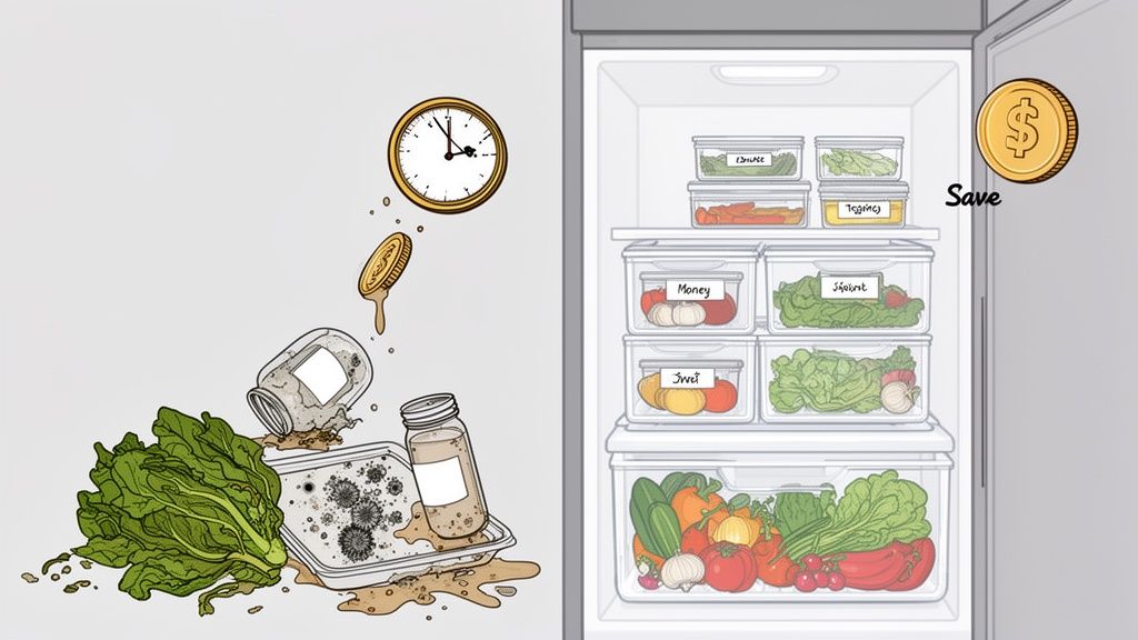 Image contrasting wasted, spoiled food with an organized fridge, showing how proper storage saves money and prevents waste.